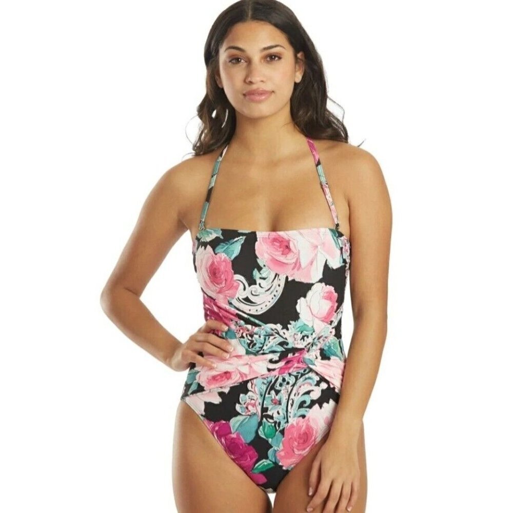 Carmen Marc Valvo Botanica Rosa Knot Front Bandeau One Piece Swimsuit. Size 8.